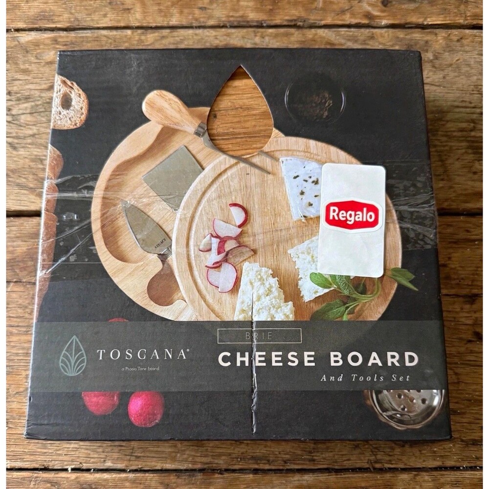 Toscana Brie Round Wood Cheese Board Tools Set Brown With Tray